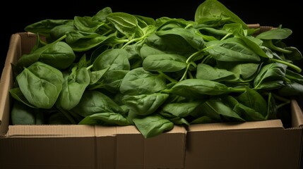 Poster - Close-up realistic photo featuring a box packed with vibrant green spinach leaves Generative AI
