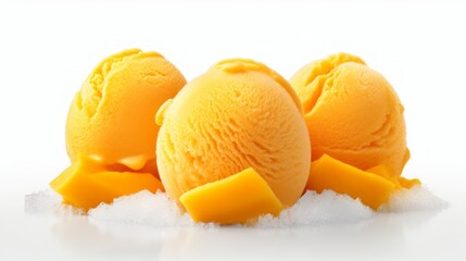 Poster - Close-up realistic photo featuring three scoops of fruity mango sorbet on a white background Generative AI