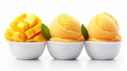 Poster - Close-up realistic photo featuring three scoops of fruity mango sorbet on a white background Generative AI
