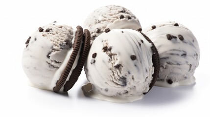 Poster - Close-up realistic photo of three scoops of decadent cookies and cream ice cream on a white background Generative AI
