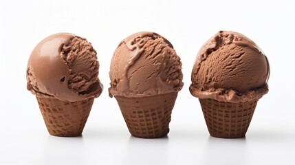 Poster - Close-up realistic photo of three scoops of rich chocolate ice cream on a white background Generative AI
