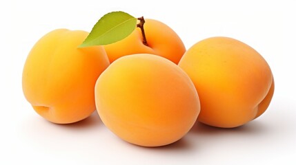 Poster - Close-up realistic photo of three sweet, golden apricots on a white background Generative AI