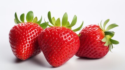 Poster - Close-up realistic photo showcasing three vibrant strawberries on a white background Generative AI