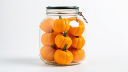Poster - Glass jar filled with bright orange pumpkins, close-up realistic photo on a white background Generative AI