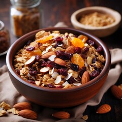 Poster - Stock image of a bowl of homemade granola with nuts, seeds, and dried fruits, a nutritious breakfast Generative AI