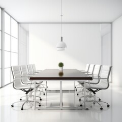 Poster - Stock image of a conference room table on a white background, spacious, professional meeting area Generative AI