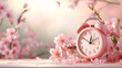 Old retro alarm clock and beautiful pink cherry flowers in pastel pink colors, the awakening of spring concept