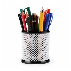 Poster - Stock image of an office pen holder on a white background, neat, organized storage for pens Generative AI