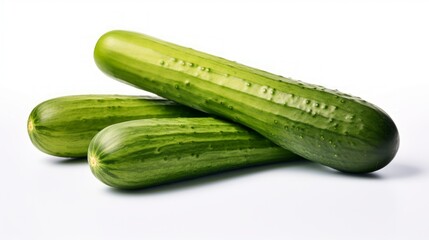 Poster - Three fresh cucumbers captured in a close-up realistic photo against a white background Generative AI