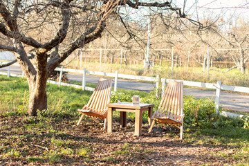 Wall Mural - Garden furniture for leisure time in spring nature. Wooden chairs and table table in orchard. Wooden outdoor furniture set for Picnic in garden. Cozy Interior Courtyard with table and sun loungers