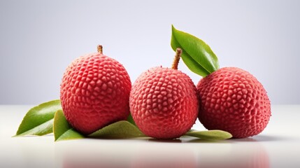 Poster - Three fresh, succulent lychees captured in a close-up realistic photo against a white background Generative AI