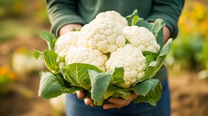 Poster - close-up of male hands holding cauliflower, harvesting in the garden Generative AI
