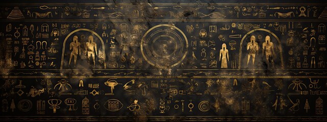 A stunning black and gold background with intricate patterns and textures, reminiscent of ancient Egyptian hieroglyphics