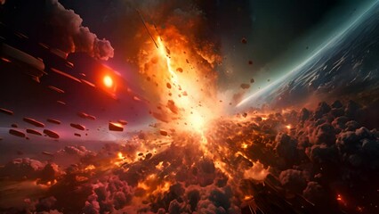 Wall Mural - an apocalypse in space destroys cosmic objects. rockets fight for world domination