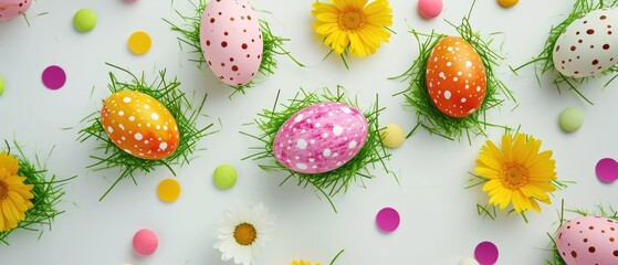 Wall Mural - Creative layout composition of flowers and easter eggs on pastel background