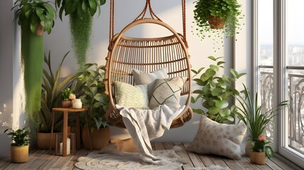 Cozy boho style balcony interior design with swinging chair, natural decoration and potted green plants