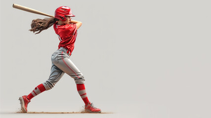 Wall Mural - A woman cartoon baseball player in red jersey with equipment
