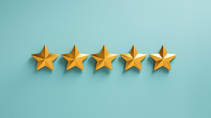 Five stars customer product rating review on light blue background. Rating golden five stars for best excellent services rating for satisfaction, quality and feedback concept.