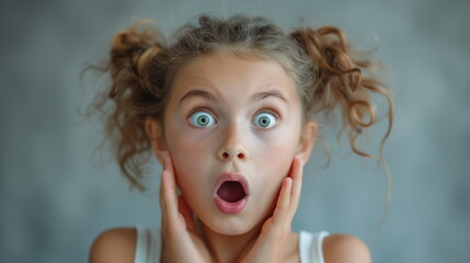 Portrait surprise face, Portrait of an amazed girl with an open mouth and round big eyes, astonished expression,  Looking camera. White background.