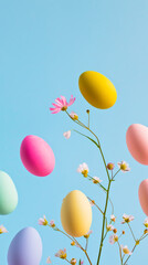 Wall Mural - Floating Easter Eggs Over Spring Flowers. Easter background.