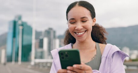 Poster - City, fitness and woman with a smartphone, typing and social media with connection and Cape Town. Person, happy athlete and runner with a cellphone and mobile user with internet and workout schedule