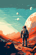 Spaceman exploring Mars. Retro astronaut in space suit on planet surface, space travel and exploration concept. Vintage digital illustration