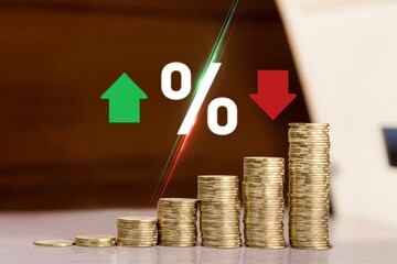 Poster - Investors calculate interest rates. Set of coins and arrows