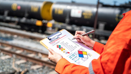 Wall Mural - action of an engineer is checking on chemical hazardous material checklist form with background of t