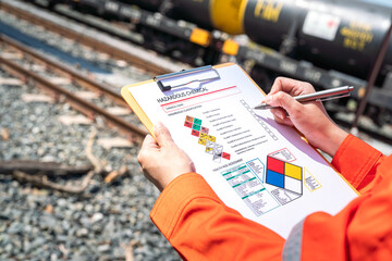 Wall Mural - action of an engineer is checking on chemical hazardous material checklist form with background of t