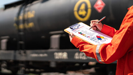 Wall Mural - action of an engineer is checking on chemical hazardous material checklist form with background of t