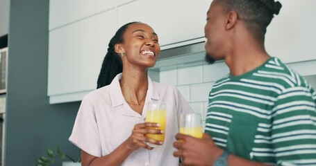 Wall Mural - Black couple, kitchen and breakfast cheers in a house with love, smile and bonding with food. Happy, support and marriage with trust and relax from cooking with juice and fruit in home at morning