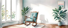 One Rocking Chair With Cushions. A Cozy Living Room With Sunlight Streaming In Through The Large Window. Interior Illustration In Watercolor Style.
