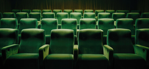 Velvet Green Theater Seats Arranged in Rows with Soft Lighting. Front View of Vintage Green Chairs in Cinema. Generative AI