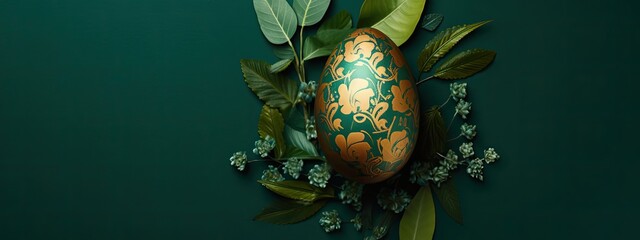 Wall Mural - flatlay of easter egg on the green background