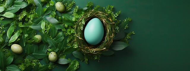 Wall Mural - flatlay of easter egg on the green background