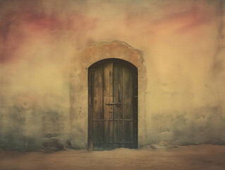 Wall Mural - An open carved wooden door reveals a serene desert landscape, with the sun gently touching the horizon. The scene is of smooth sand dunes under a tranquil sky.