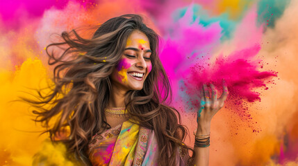 Wall Mural - Happy young woman with long hair celebrates Holi Festival on a bright yellow magenta background. Happy Holi concept.