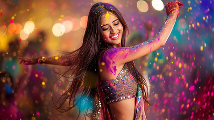 Wall Mural - Beautiful smiling young girl with long hair dances at the Holi Festival on a colorful background.