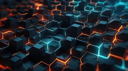 The background has gray polygons with turquoise neon edges in 3D.