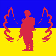 Wall Mural - Silhouettes of soldiers under the well-heeled angels. Military guardian angel. Vector graphics.