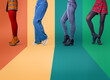 Composite Collage set of female legs in different shoes isolated on multicolored background.