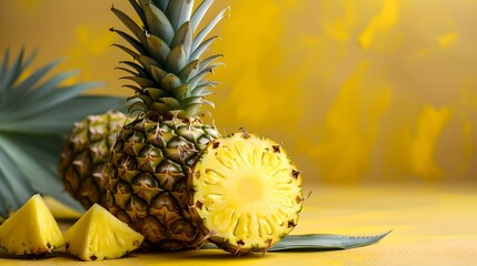 Sticker - Fresh pineapple and slices on a yellow background. vibrant tropical fruit display. healthy eating concept. AI