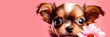 A small terrier puppy with flower petals on a pink isolated banner background on the right.