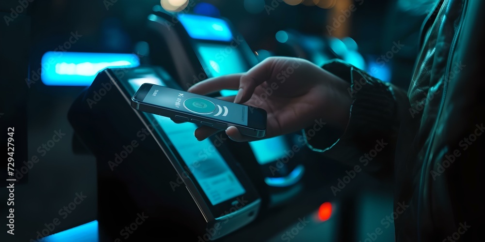 Person using contactless payment with a smartphone at a modern terminal ...