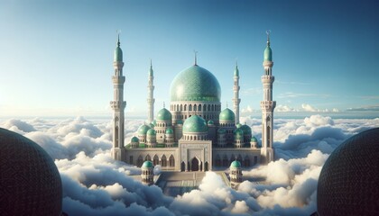 a domed mosque rising above fluffy white clouds against a clear blue sky