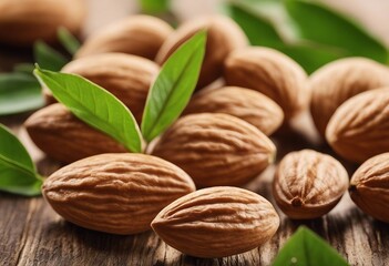 Wall Mural - Close-up of almonds with leaves isolated on white background