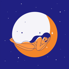 Healthy sleep, bedtime, sweet dream vector illustration. Beautiful female lying on crescent moon. Young woman sleeping on moon bed in night starry sky light. Modern witch, magic, astrology, tarot card