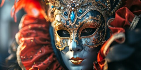 Wall Mural - The Intriguing Addition Of A Festive Venetian Mask Heightens The Enigma Of A Carnival Celebration. Сoncept Carnival Celebrations, Festive Venetian Mask, Enigmatic Atmosphere