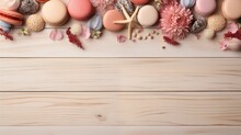 Light Texture Of Wooden Boards With Macarons, Starfish, Background Of Natural Wood Surface