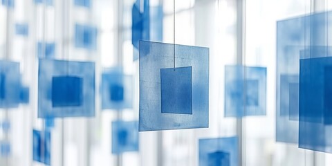 Poster - Floating Blue Squares: An Artistic Installation of Geometric Shapes Creating a Sense of Serenity and Modern Aesthetic, Generative AI